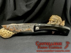 Couteau Corse traditionnel de berger Modèle Labellisé Cazorla avec Lame Damas Oeil d'Orezza  Cuivre 24062511 – Image 2