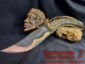 Couteau Corse traditionnel de berger Modèle Cazorla avec Lame Damas Cuivre Nickel 08112505