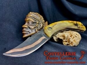 Couteau Corse traditionnel de berger Modèle Cazorla avec Lame Damas Cuivre Nickel 08112510